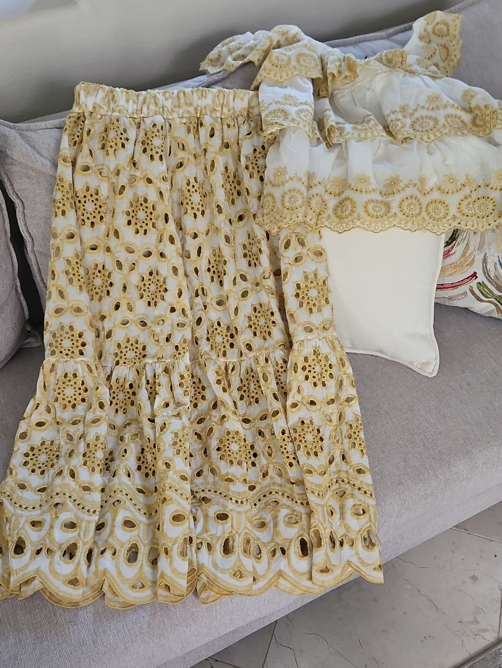 Women's White and Gold Eyelet Midi Dress